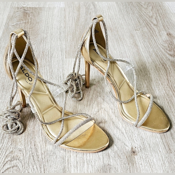 Size 8 ALDO Marly Gold Rhinestone Strappy Heels - Picture 4 of 10